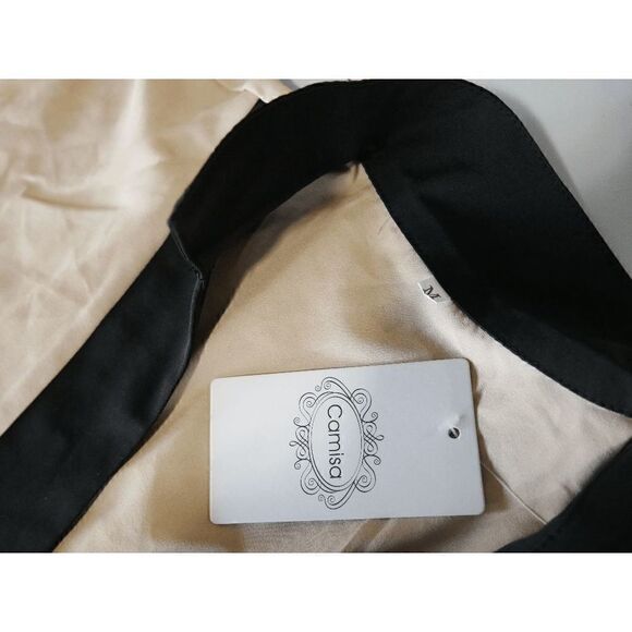 Apricot & Black Women's Color Block Bal Collar V-Neck Short Sleeve Blouse M #184 - Picture 5 of 6